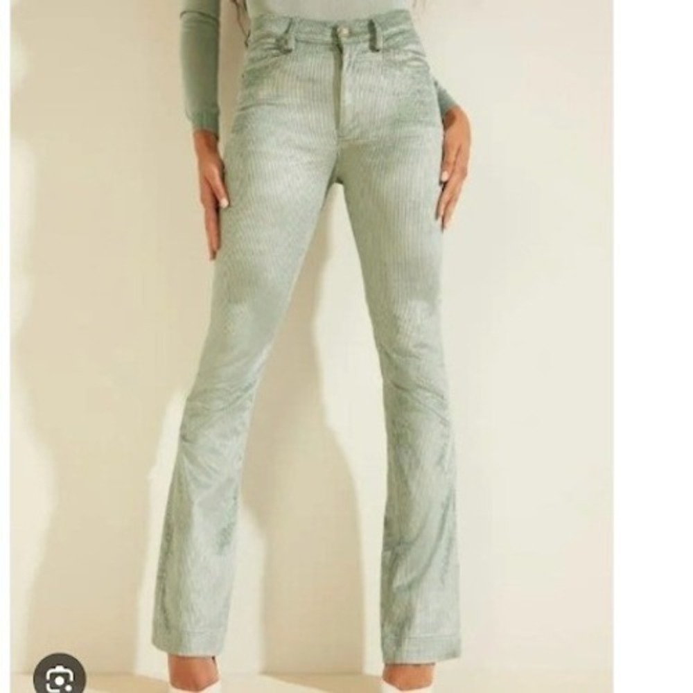 GUESS Womens Straight High‎ Rise Pop 70s Corduroy Flare Jeans Dusty Teal Size 25